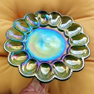 Vintage irredescent glass deviled egg or oyster plate.
